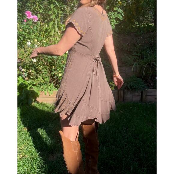 Embroidered lace-up mini dress Brown cocoa Boho Festival Forest - Picture 2 of 9